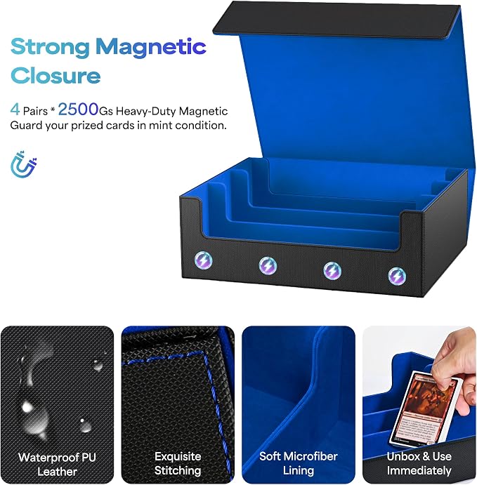 UAONO Trading Card Storage Box, Holds 1800 Sleeved Cards with 10 Dividers & 3 Stoppers, Magnetic Closure PU Leather Card Case for MTG, PTCG, YGO, Sports Cards (Black&Blue)