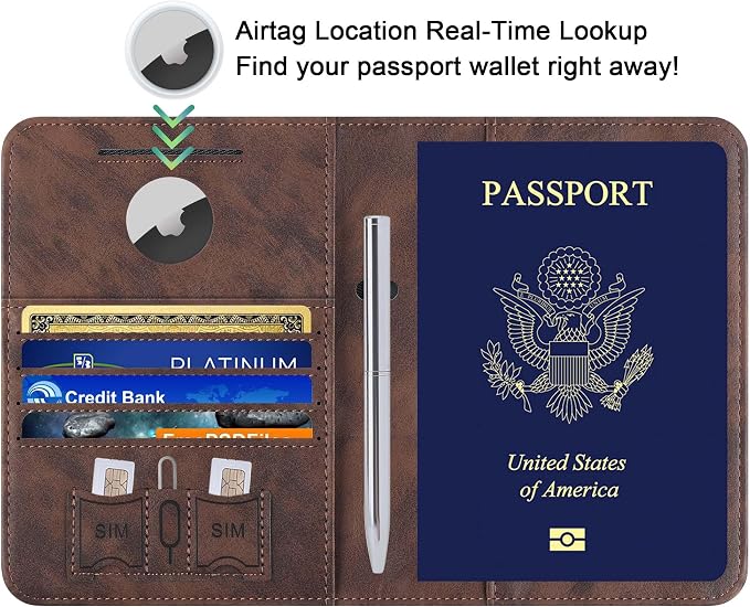 Airtag Passport Holder for Travel Essentials, RFID Passport Cover | Rfid Blocking Wallet, Synthetic Leather Case, Vacation Travel Accessories, For Women Men