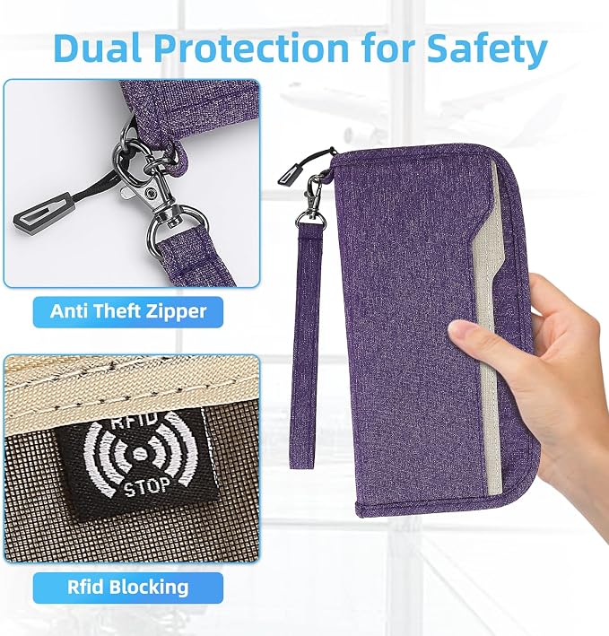 Passport Holder Family RFID Passport Wallet, Passport Holder Women/Men, Travel Wallet Documents Organizer Zipper Case with Removable Wristlet Strap, Travel Essentials for Flying