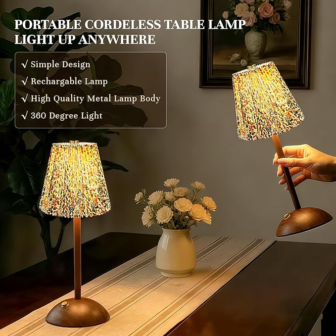 Small Vintage Cordless Table Lamp, Rechargeable Battery Operated Lamp with 3 Color Temperatures Stepless Dimming, Floral Bedside Nightstand Lamp for Bedroom, Living Room, Coffee Table, Bookshelf