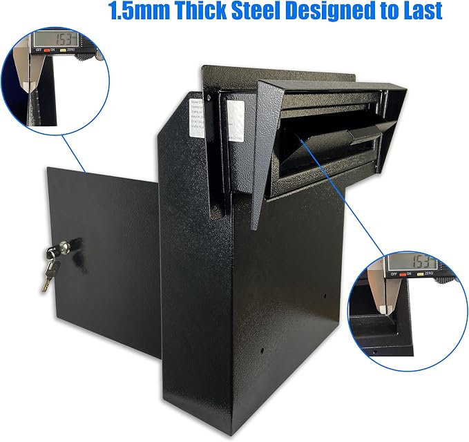 Locking Mailbox Drop Box with Rain Cover, Heavy-Duty Galvanized Steel, Door Mounted Secure Mailbox for Keys, Cash, Checks, Deposits & Letters – Safe Mail Drop Box for Home/Office, Dark Gray