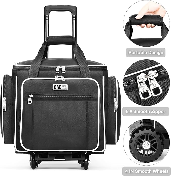 CAB55 Rolling Craft Bag, Tote Bag with Wheels for Women, Rolling Teacher Bag with Removable Folding Hand Truck (Black)