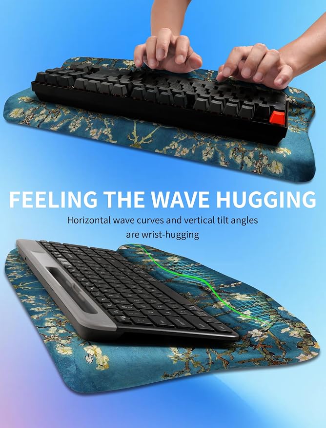Ergonomic Wave Wrist Rest with Keyboard Stand, Cushioned Palm Rest, Comfortable Integrated Memory Foam for Natural Typing and Relieve Wrist Pain, Van Gogh Apricot Blossom