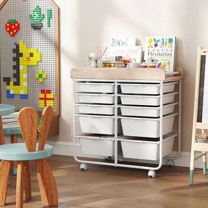 Giantex Rolling Storage Cart with 10 Drawers, Utility Cart w/Wooden Tabletop, Handle, Lockable Wheels, Multipurpose Organizer for Art Craft Scrapbooks Paper, Drawer Carts for Dorm School Office, White