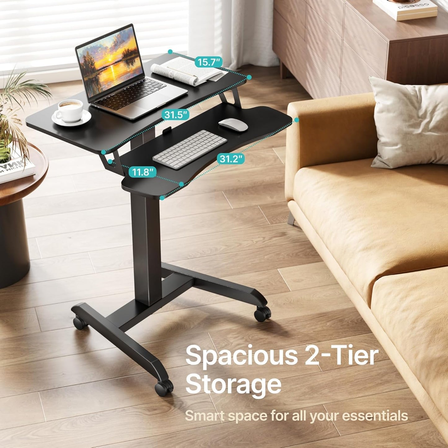 Standing Rolling Desk-Height Adjsutable up to 47.2' Rolling Podium for Teachers, 31.2'× 27.5' Dual Tier Sanding Desk for Classroom, Moveable Laptop Cart, Teacher Podium with Wheels, Black