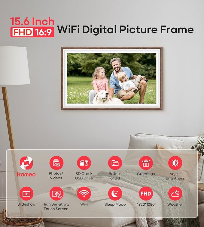 64GB Frameo 15.6" Digital Picture Frame Large 1920 x 1080 IPS FHD Touch Screen WiFi Electronic Photo Frames Share Moments Instantly Anywhere Best Gifts for Parents and Grandparents Brown Wood White