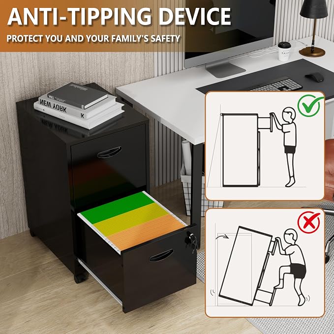 Polup 2 Drawer Rolling File Cabinet with Lock for Home Office | Metal Mobile Filing Cabinet on Wheels, Small Under Desk Storage, Fits Hanging Letter Size, Printer Stand, Black
