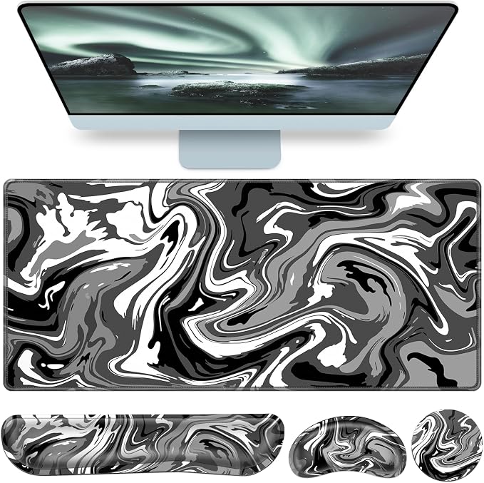 4 in1 Desk Mat Black, Large Gaming Mouse Pad with Wrist Rest, | XXL Mousepad+Keyboard Wrist Rest+Mouse Pad Wrist Support+Cup Coaster Ergonomic Computer Desk Arm Wrist for Decor Office Women