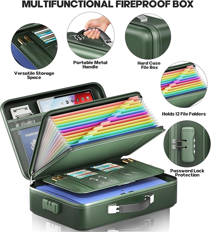 Fireproof Document Box, Hard Case Highly Flame-Resistant Fire Proof Waterproof File Organizer with Lock, Portable Fire Safe for Important Documents & Valuables Storage (Green, ‎16"*12"*5")