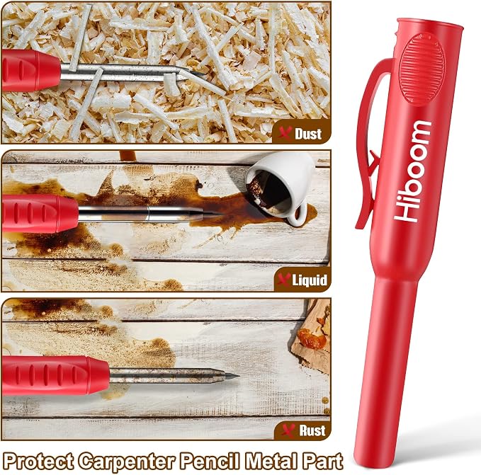 Hiboom 2 Pack Carpenter Pencils with Pencil Cap and 18 Refills, Red | Mechanical Pencil, Deep Hole Marking, Built-In Sharpener, Long Nose Tip, Pocket Clip, Marks Many Surfaces, Woodworking Use