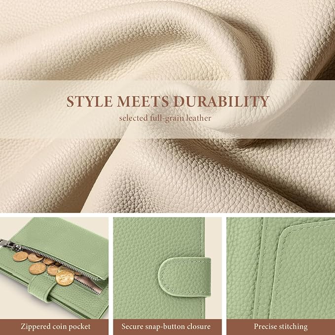 Genuine Leather Passport Holder for Women Men, Hidden Airtag Pocket, RFID Blocking, Zippered Coins Pocket & Cash Compartment Travel Gifts Essentials Passport Cover Case - Light Green