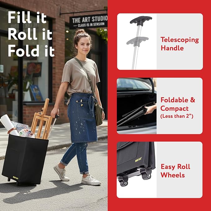 dbest products Bigger Smart Cart, Black Collapsible Rolling Utility Cart Basket Grocery Shopping Teacher Hobby Craft Art
