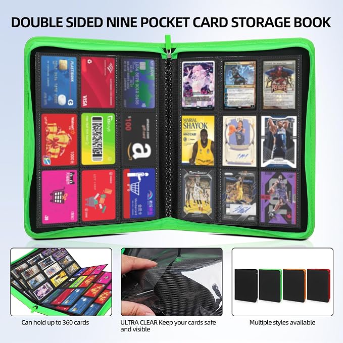 Premium Trading Card Storage Album,9 Pocket 40 Side Pages, 360 Cards,Black Zipper Binder for Collectible Games, Sports Card Organization&Protection (Black)