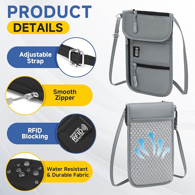 RFID Blocking Passport Holder for Travel Neck Wallet with Adjustable Lanyard 6 Compartments Pouches Passport Wallet for Family (Grey)