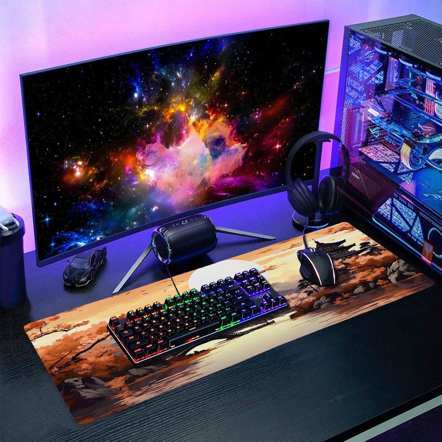 Orange Japanese Sakura Gaming Mouse Pad XL Yellow Cherry Blossom Mountain Aesthetic Large Desk Mat Big Mousepad Non-Slip Rubber Base Stitched Edge Long Desk Pad for Desktop Computer,31.5×11.8 in