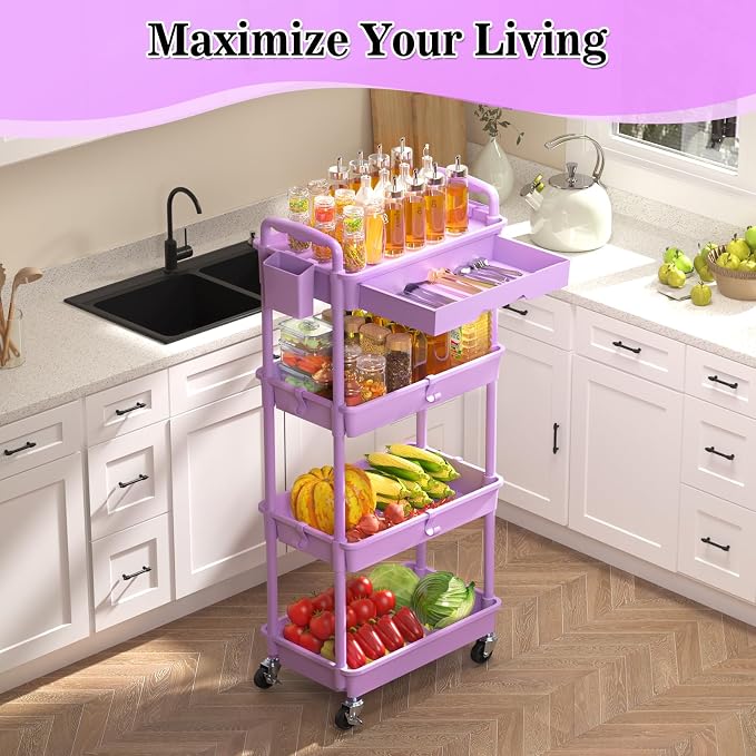 SUNALLY 4 Tier Rolling Cart with Drawer,Craft Storage Cart Organizer,Purple | Bathroom Storage Organizer with 2 Lockable Wheels, Rolling Utility Cart for Kitchen, Office, Baby, Makeup, Nail,Snack,Laundry