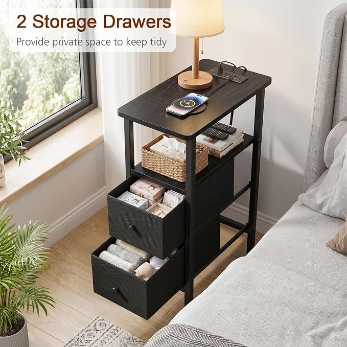 Narrow End Table with Charging Station, Small Nightstand | Skinny Side Tables Living Room with 2 Fabric Drawers, Slim Bedside Table for Bedroom, Small Spaces, Couch, Black