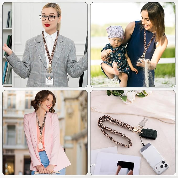 Scrunchie Lanyard for ID Badges & Keychain, Teacher Lanyards Leopard Print | Stretchy lanyard, retractable card access, 2 waterproof holders, phone tab and metal clip, soft for daily wear