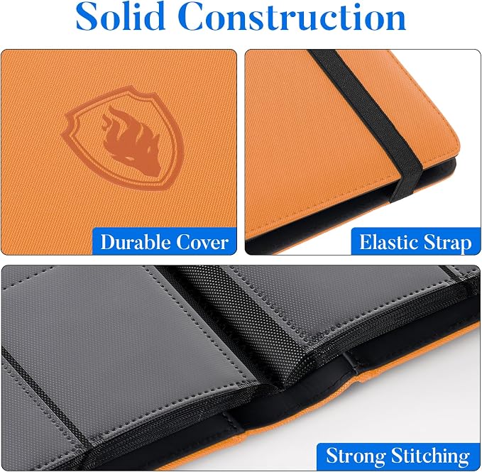 Premium 9 Pocket Card Binder for 360 Cards, Fabmaker PU Cover Trading Card Binder, Sturdy Card Collection Album, Sleek Card Holder Folders for Game Cards & Sports Cards, Orange