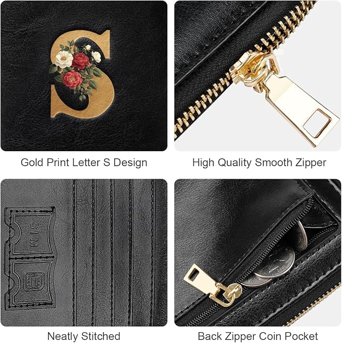 Passport Holder for Travel Personalized Wallet with Wristlet Women | Passport Cover, RFID Blocking, Passport Book Holders, Back Coin Pocket, Zipper Closure, Roses Initial Letter, Black S
