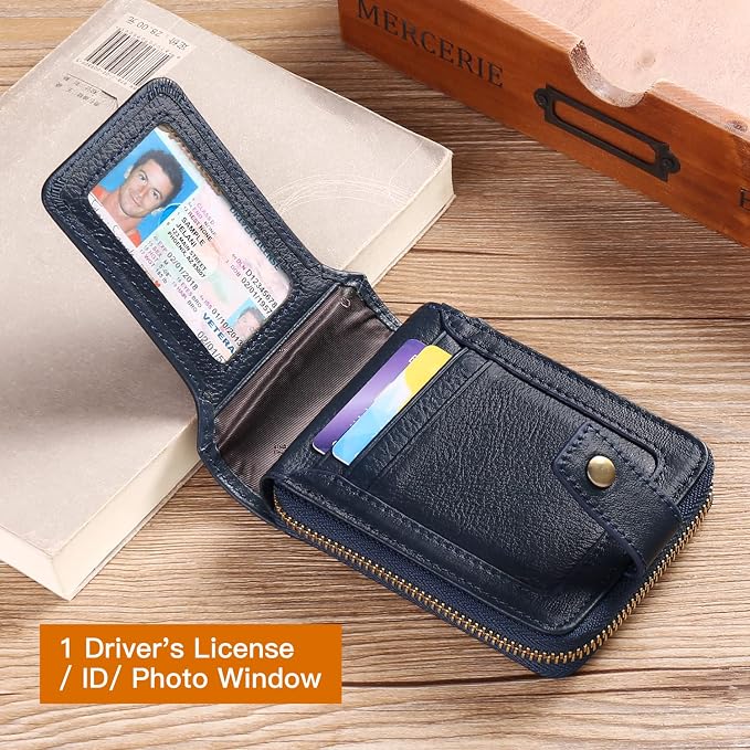GOIACII Zipper Wallet for Men Genuine Leather RFID Blocking Mens Wallet with Zipper Coin Pocket ID Window Zipper Wallets Large Capacity
