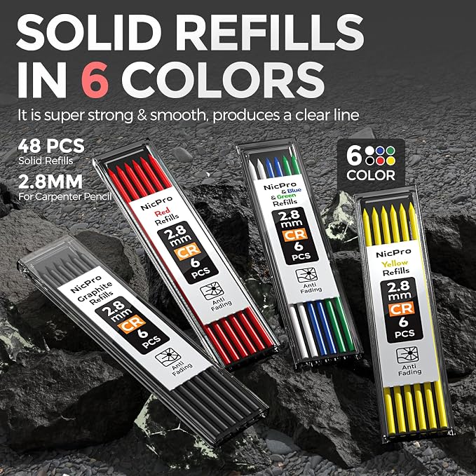 Nicpro CP1000 Carpenter Pencils with Sharpener, 5 Pack | Construction Mechanical Pencil + 53 Refills, 3 Pcs Long Nib Marker Pens for Marking, Heavy Duty Carpenter Tools, Comfort Grip