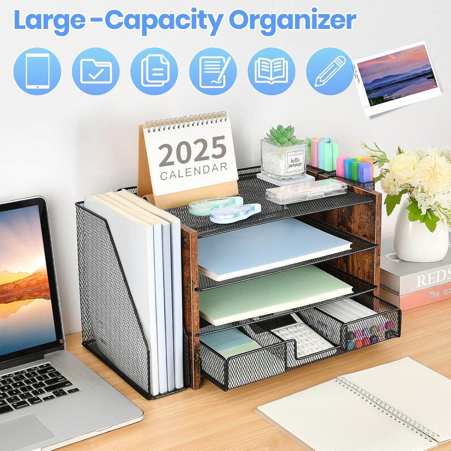 Desk Organizer and Accessories, 4-Tier Desktop File Organizer with Drawer and 2 Pen Holders, Office Desk Accessories for Office Supplies(Wood)