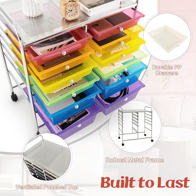 COSTWAY 12-Drawer Rolling Storage Cart, Moveable Art Craft Organizer | Lockable Wheels, Metal Shelf, Files Arrangement Tools Makeup Storage Cart for Office, Home, School (Rainbow)