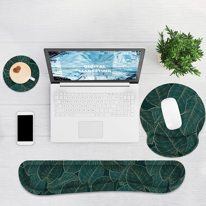 Ergonomic Mouse Pad with Wrist Rest and Keyboard Wrist Rest, Mousepad | Memory Foam Wrist Rest for Computer Keyboard, Pain Relief, Non-Slip Base, Mouse Pad Wrist Support for Gaming, Green Palm Leaf