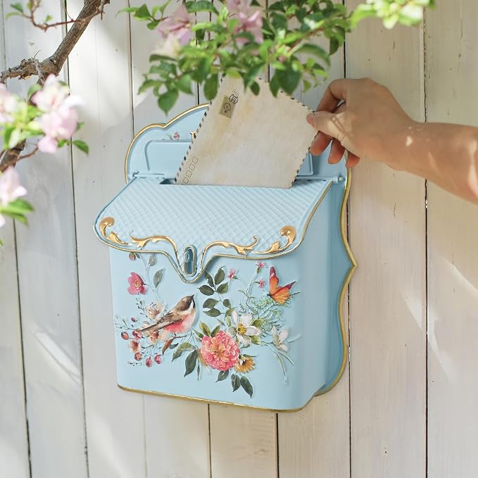 Vintage Wall Mount Mailbox for House Outside Metal Decorative Door Mailbox Antique Style Nostalgic Charm Home Decor Garden Vintage English Cottage for Home Garden House Farmhouse Porch Decor (Blue)