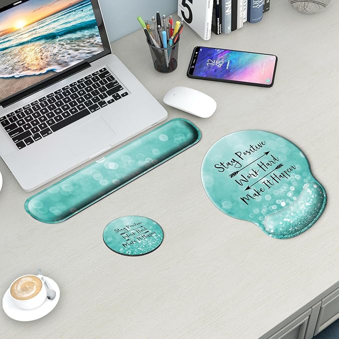Mouse Pad and Keyboard Wrist Rest Support,Ergonomic Mouse Pad Set | Mousepad With Coaster and Non-Slip PU Base,Pain Relief for Desk Desktop Gaming, Computer,Office -Beach