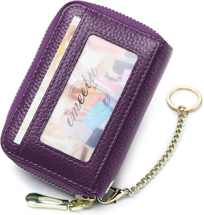 imeetu RFID Credit Card Holder, Small Card Wallet Women, Leather Card Case | Genuine Leather Women's Card & id Cases, Change Coin Purse with Zipper Keychain id Window, 20 Colors & 3 Styles, Daily, Gifts