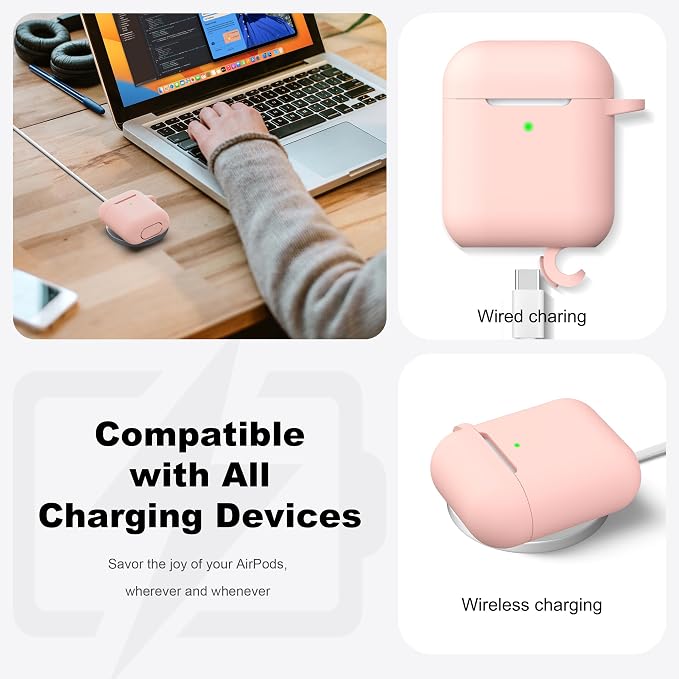 R-fun for AirPods 1/2 Case, Soft Silicone Protective Cover with Keychain and Cleaning Pen, Compatible with AirPods 2nd/1st Generation (2016/2019), Full Drop Protection Cover, Sand Pink