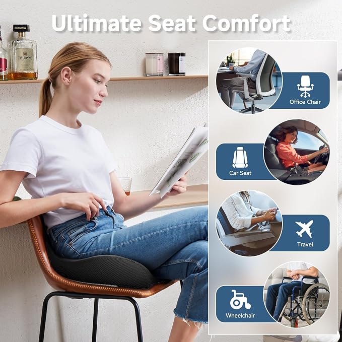 Benazcap Large Cooling Gel Memory Foam Seat Cushion for Long Sitting | Ergonomic cushion. Relieves sciatica, tailbone & lower back pain, great for office work, gaming and long-distance car travel.