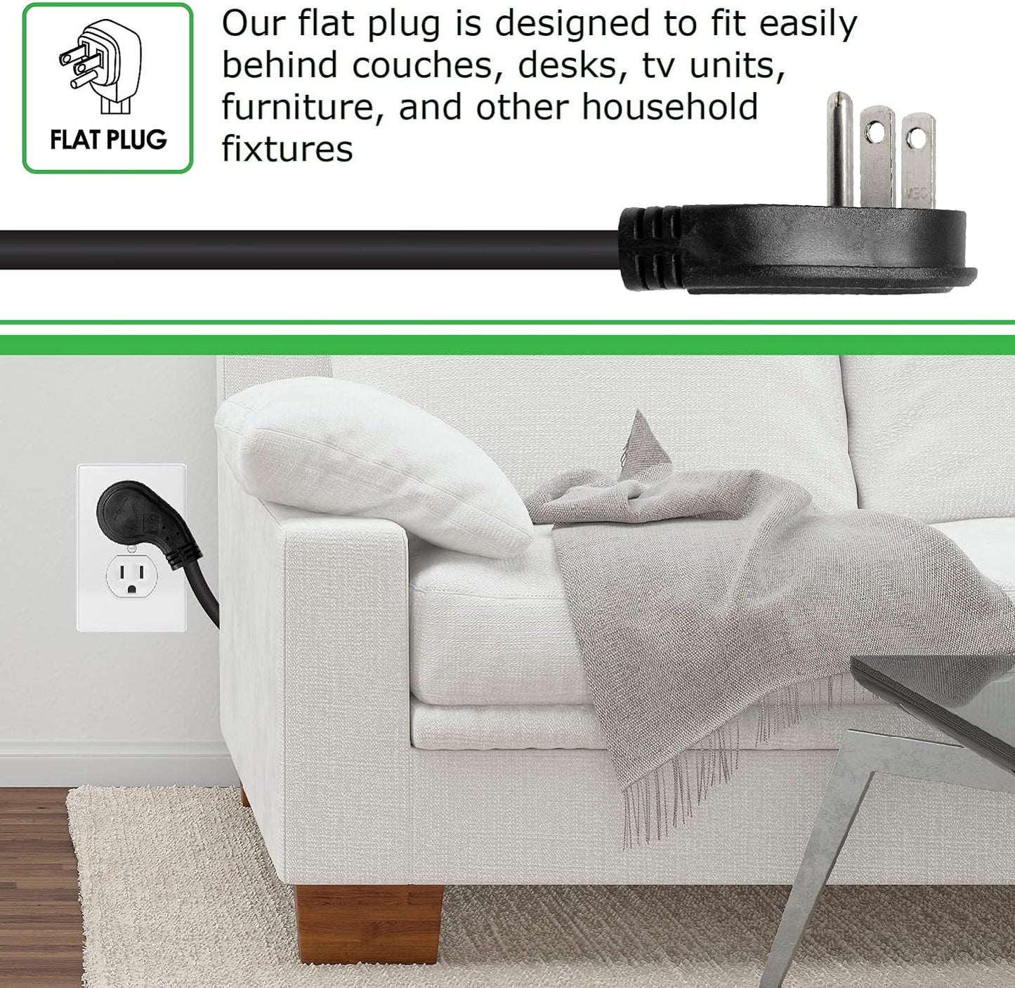 Digital Energy 15 FT 8 Outlet Surge Protector Power Strip - 15 AMP, 1875 W, 125 V, 350 J Surge Protection, ETL Listed - Flat Plug, Black
