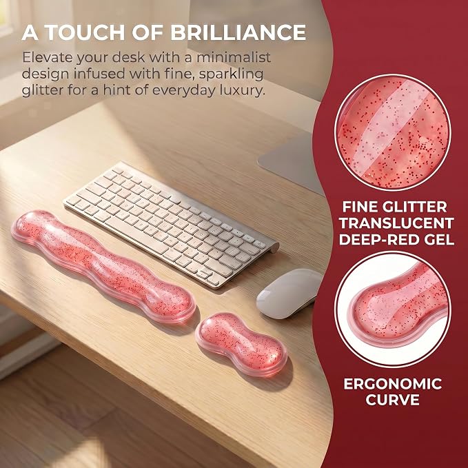 Wrist Rest for Keyboard and Mouse, Glitter Ergonomic Mouse Hand Rest Set, Cute Sparkle Cloud Keyboard Pad with Wrist Support, Gel Girl Desk Decor Accessories for Office Home School (Red)