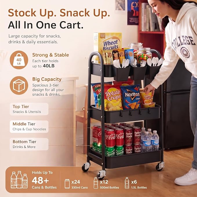 3 Tier Rolling Cart Metal with Wheels, Heavy Duty Three Tiered Rolling Storage Cart on Wheels, Black Utility Roller Carts Organizer for Baby, Art, Craft, Snack,Book, Nail, Diaper Caddy, Cleaning, Dorm