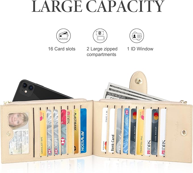 Travelambo Womens Leather Bifold Wallet, Slim RFID Blocking Card Holder | Large Capacity, 16 Card Slots & ID Window, 2 Zipper Pockets, Dual Snap Closure, Slim Lightweight, RFID Privacy Protection