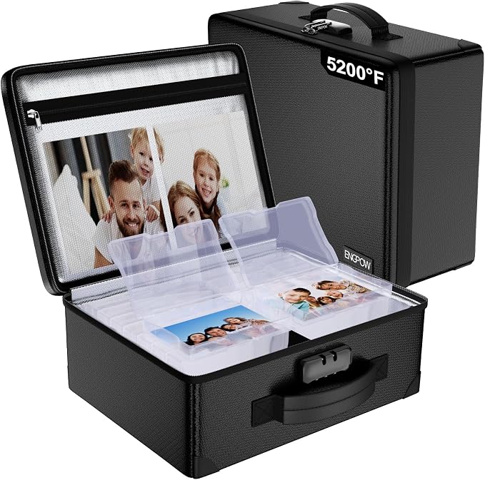 ENGPOW Fireproof 5200°F Photo Storage Box with 16 Inner 4" x 6" Photo Case(Clear), Photo Organizer with Lock, Portable Acid-Free Photo Keeper Safe Storage with Handles for Home, Office, Travel