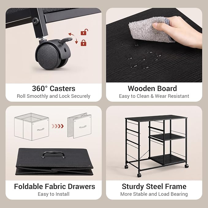 DEVAISE 3 Drawer Mobile File Cabinet with Open Storage Shelf | Rolling Printer Stand, Fabric Lateral Filing Cabinet fits A4 or Letter Size for Home Office, Black