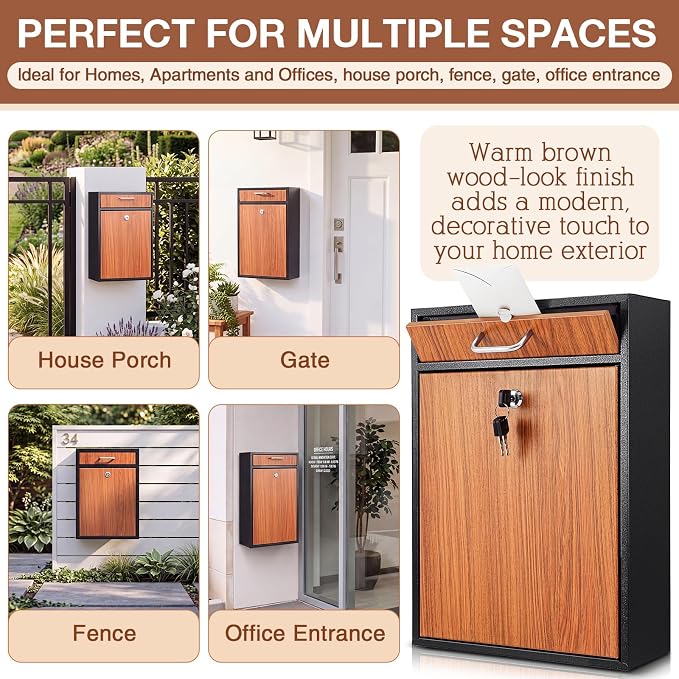 Yaocom Locking Mailbox with Key for Outdoor 16.2 x 11.2 x 4.7 Inches Large Wall Mount Mail Box with Lock Security Mail Drop Metal Collection Boxes Hanging Secure Postbox(Wooden)