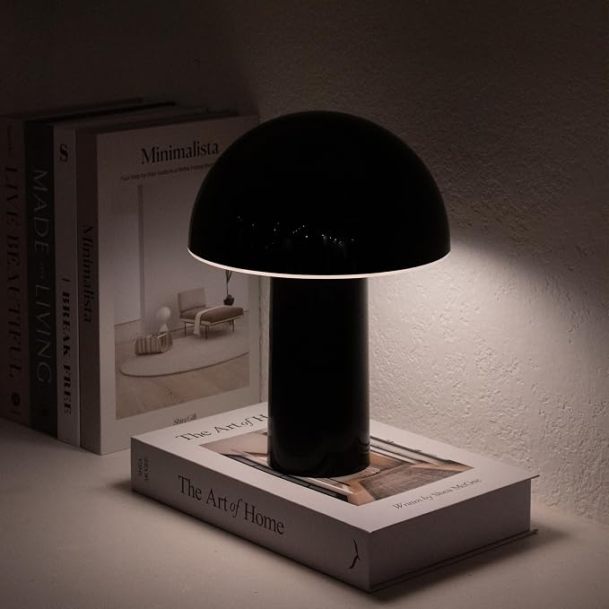 Brightech Celia Small Lamp – 10" Touch-Controlled Mushroom Table Lamp, Cordless & Dimmable LED, Portable Rechargeable Bedside Night Light, Sustainable Recycled Modern Patio Lamp for Home Décor – Black