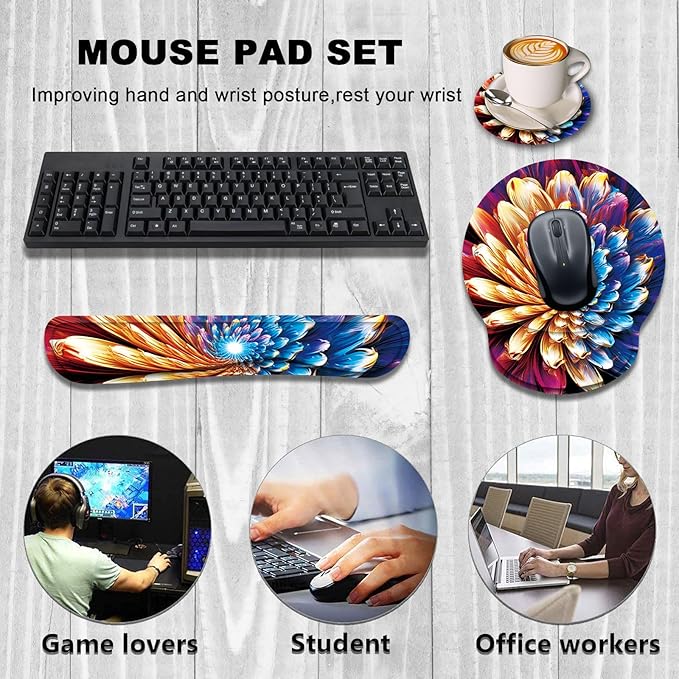 Keyboard Wrist Rest and Mouse Wrist Rest Pad with Cup Coaster,Made of Memory Foam,Ergonomic Support,Easy-Typing and Pain Relief,for Gaming Office Home Computer,Abstract Flower