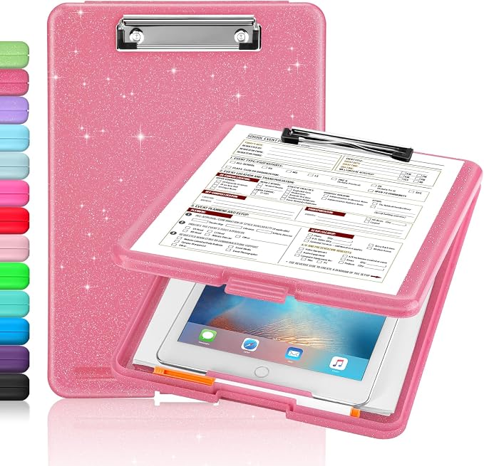 Sooez Glitter Clipboard with Storage, Cute Clip Boards 8.5x11 with Storage, Sparkle Plastic Clipboard Folder for Women, Nurse Accessories Essentials, Office & School Supplies, Letter Size A4, Rose Red | Sturdy Clipboards Foldable, Cute Hanging Clip Boa...
