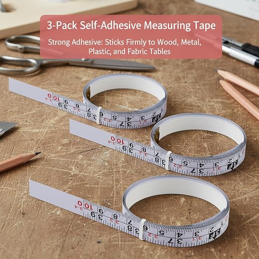 3 Pack Steel Self Adhesive Measuring Tape, Strong Adhesive, Cut to Length, High Visibility White Scale for Workbench, Sewing Machine and Drafting Table(1m)