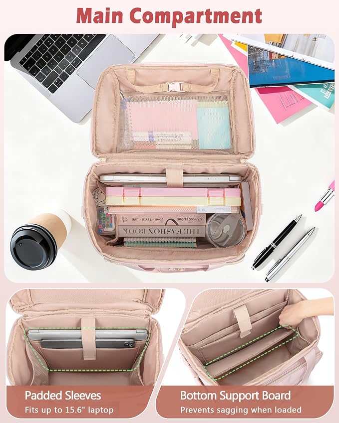 Marscamd Rolling Teacher Bag with Accordion File Organizer for Work | 15.6" Laptop Compartment, Detachable Trolley & Crossbody Strap, Womens Briefcase Tote with Wheels (Pink))
