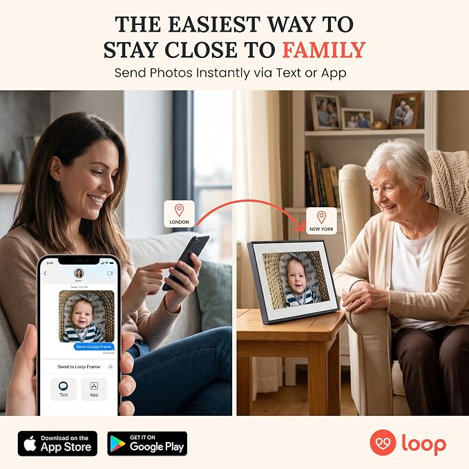 Loop Wi-Fi Digital Picture Frame with Touch Screen – 10-Inch Digital Photo Frame for Home – Text Message and App Photo Sharing – User-Friendly Digital Frame – Gift for Family