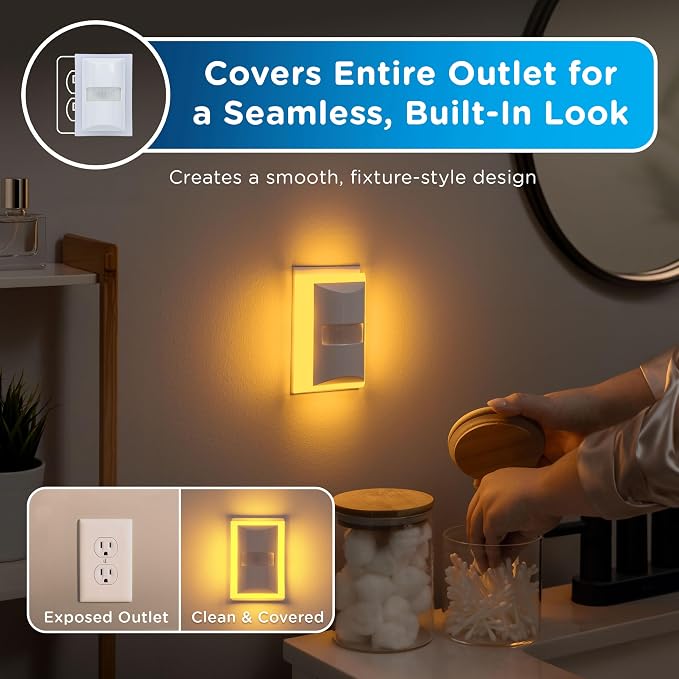 Enbrighten SleepLite Motion Sensor Night Lights Plug Into Wall Nightlight Amber Light Bathroom Bedroom Kitchen Nursery Kids Adults White 2-Pack