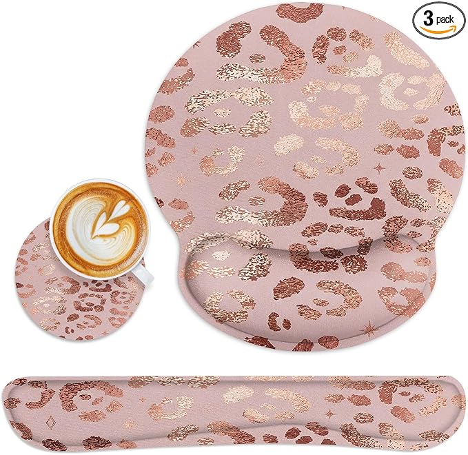 Ergonomic Mouse Pad Set with Wrist Rest, Leopard Rose Gold Pink | Non-Slip Rubber Base Wrist Cushion Support and Coasters Mousepad with Wrist Support for Computer Keyboard
