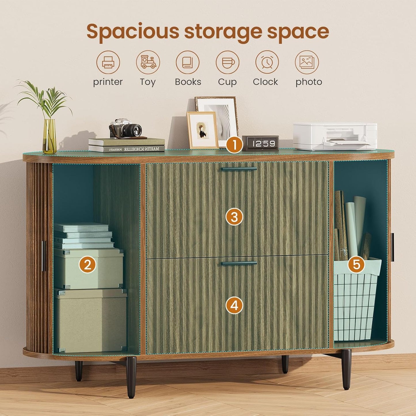 SEDETA 2 Drawer File Cabinet, 39.4" Filing Cabinet for Home Office, fit Legal/Letter/A4 Size, Light Luxury Fluted Filing Cabinets with 2 Sliding Door Storage, Printer Stand, Brown